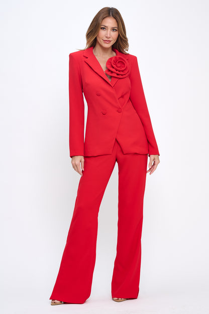 Rose Detail Jacket and High Waisted Side Split Pants Suit Set