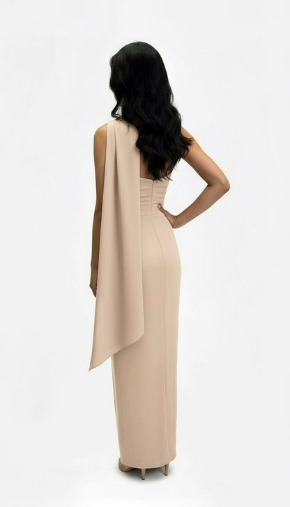 Strapless satin crepe corset gathered tulip hem maxi dress and matching scarf