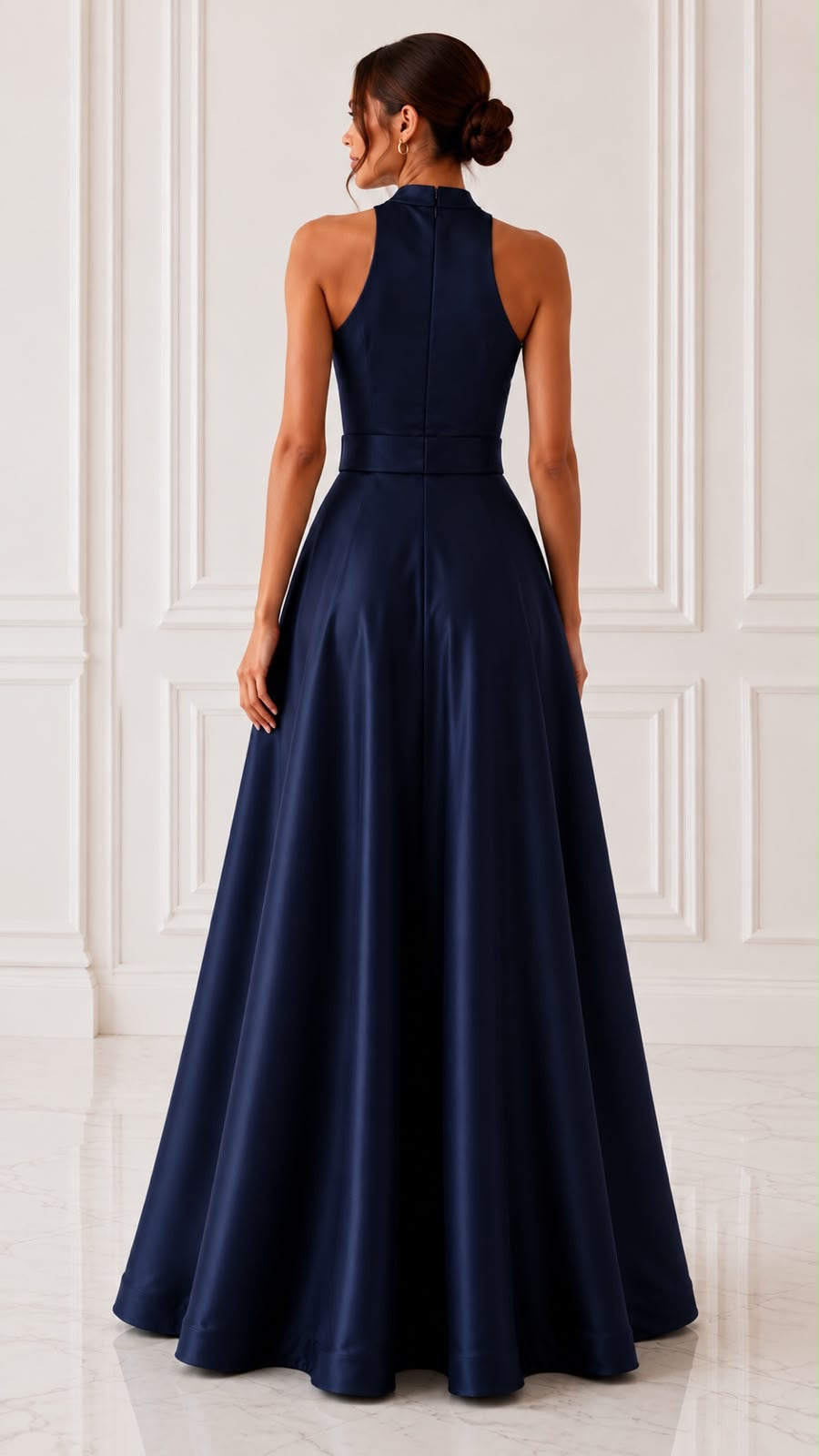 Sleeveless satin ball gown with detachable bow belt