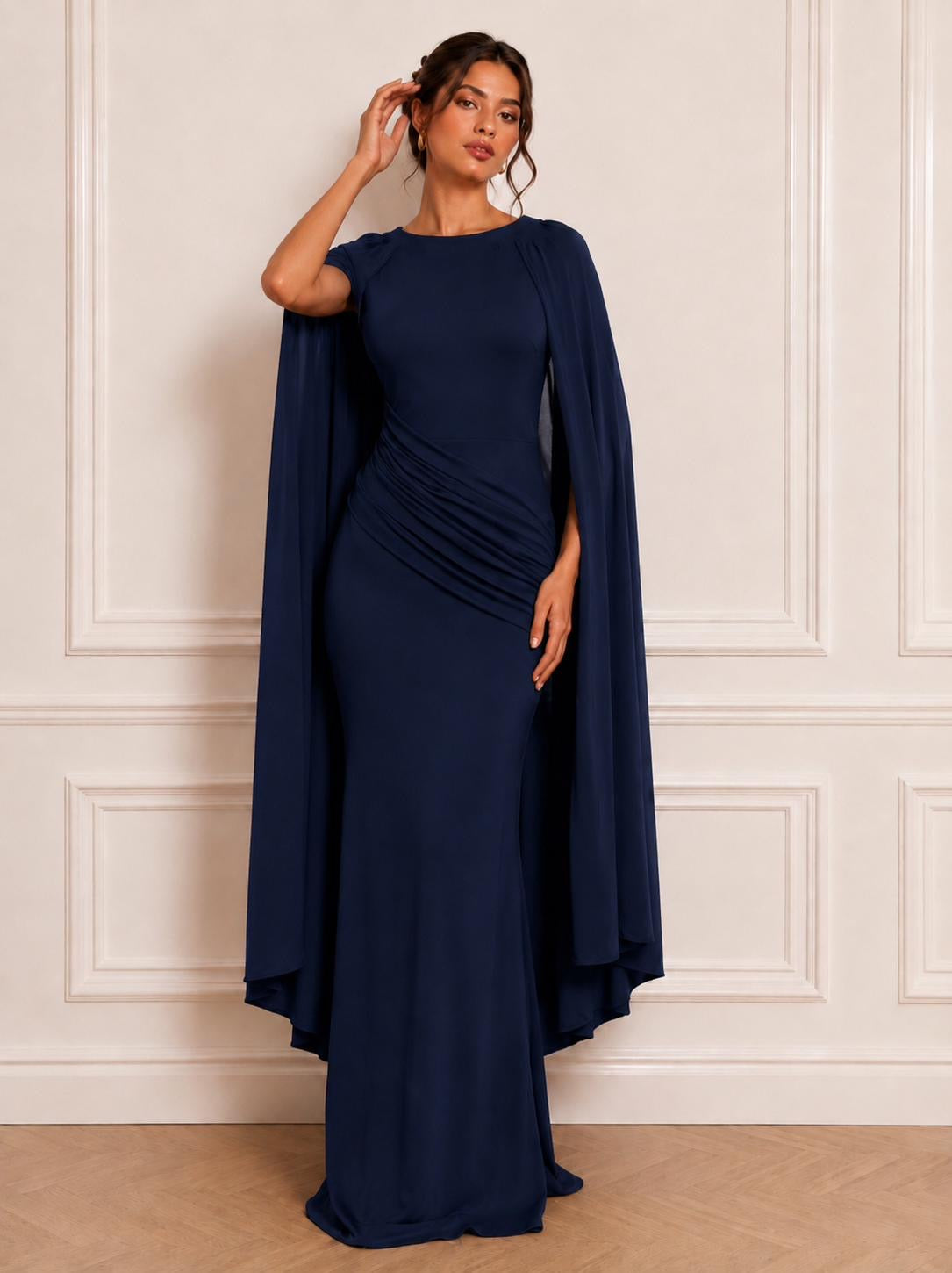 Sleek silhouette angel wing sleeves arm maxi