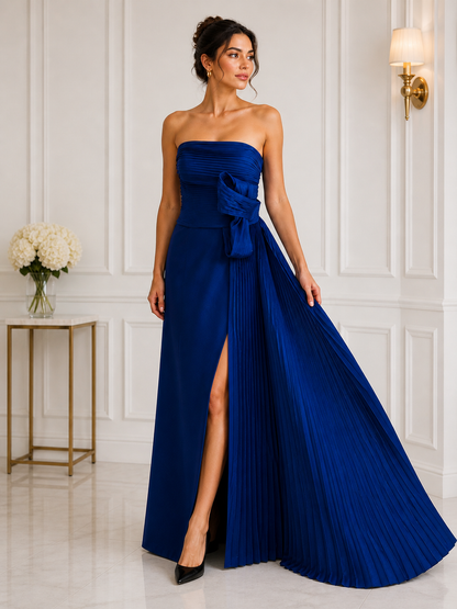 Strapless pleated bow taffeta slit gown