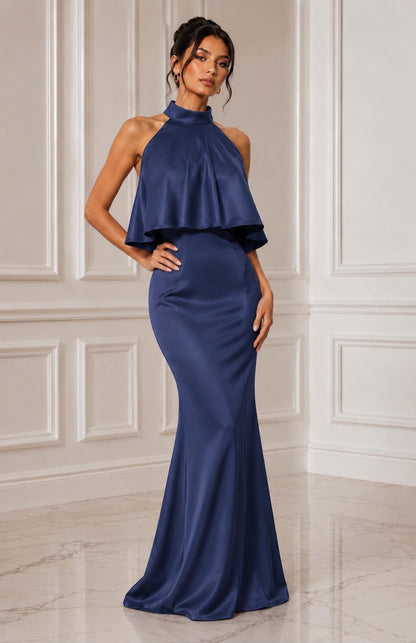 Halter neck open back ruffle detail satin maxi dress