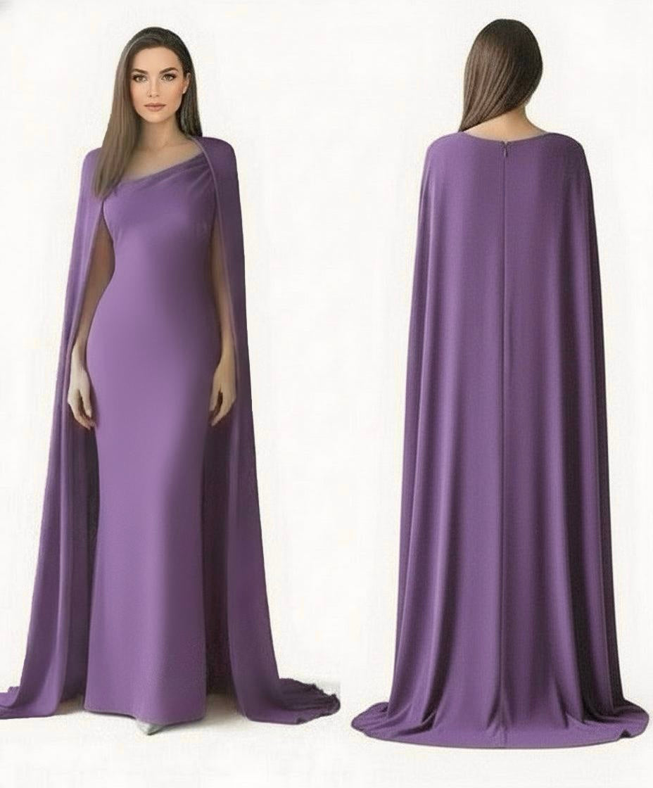 Asymmetrical satin matte gown and draping cape