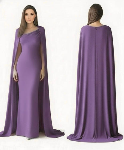 Asymmetrical satin matte gown and draping cape