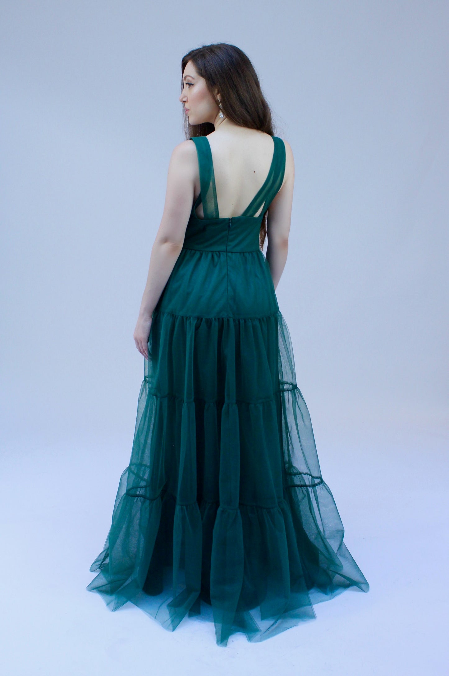 Bliss plunging V cut-out back tulle tiered gown