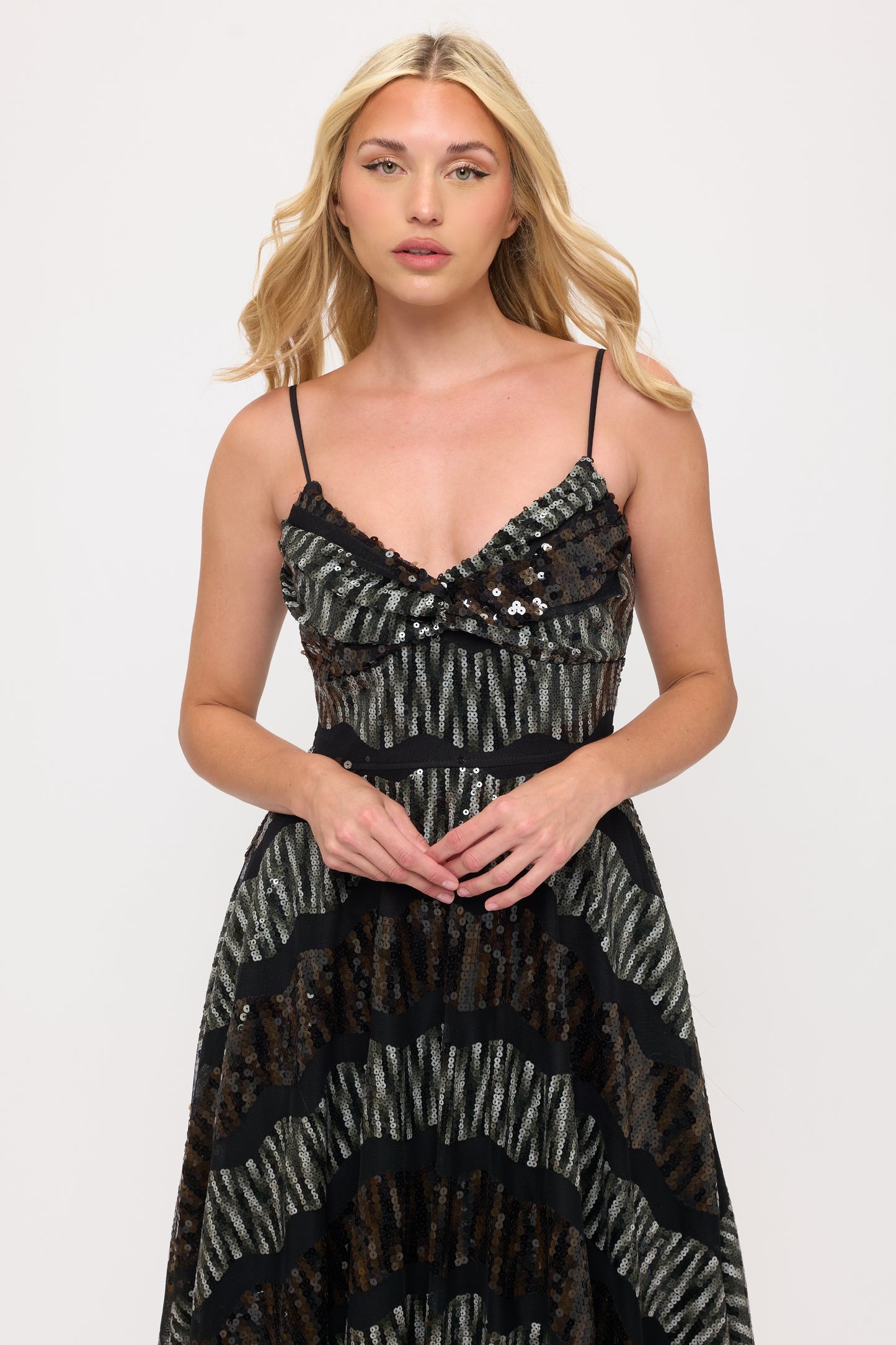 Spaghetti strap two-toned sequin gown