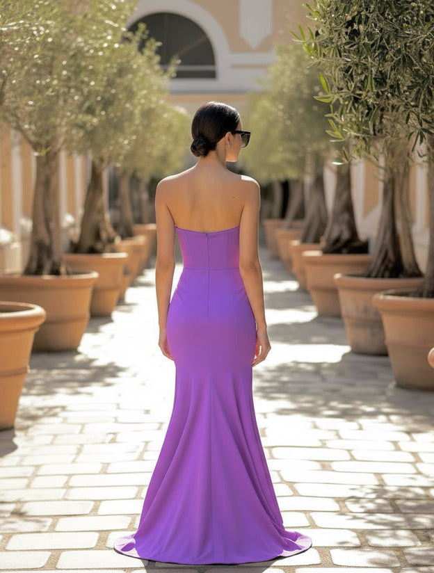 Asymmetrical strapless stretch taffeta gathered gown