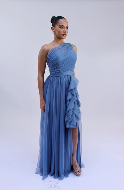 Special embrace one shoulder ruffle tulle slit gown