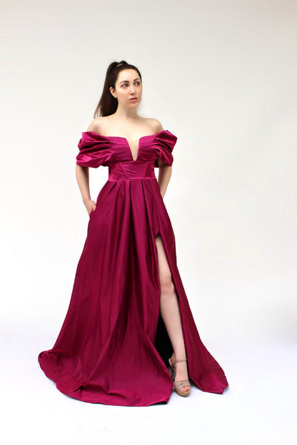 Midnight gala off shoulder satin gown w/ pockets