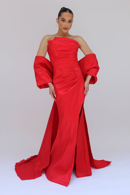 Lilian Asymmetrical strapless gown with detachable bow cape