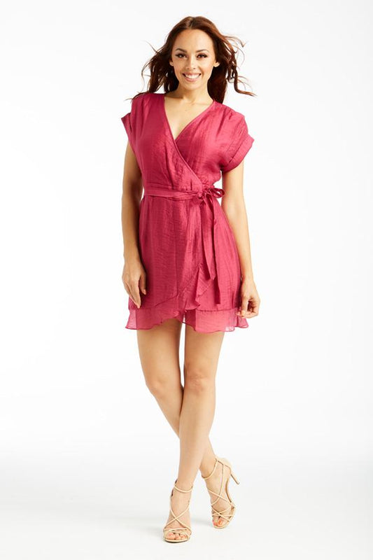 Very berry tencel ruffle mini wrap dress