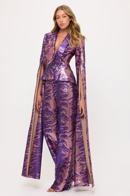 Shining sequin sweeping split sleeve jacket and high waisted pants set