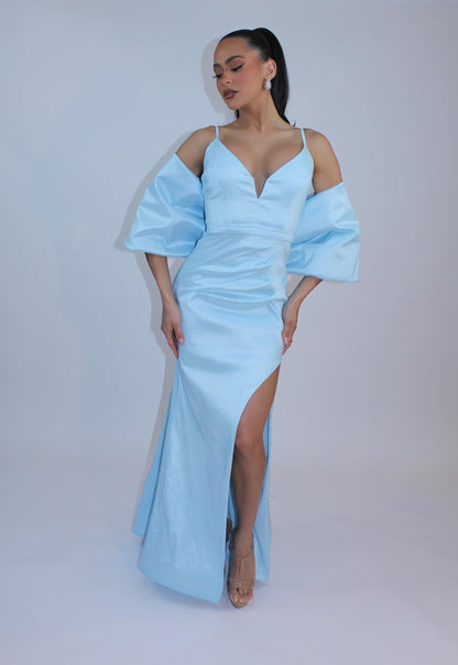 Taffeta mermaid slit gown with detachable bow