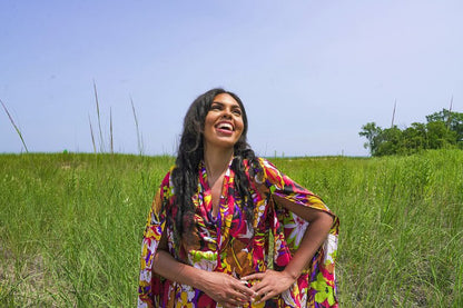 Cara tropical flower print kimono satin cape top with matching high waisted pants set