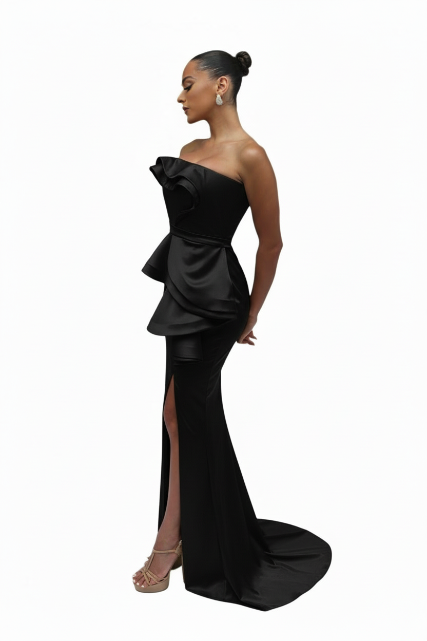 Strapless cascading drape gown