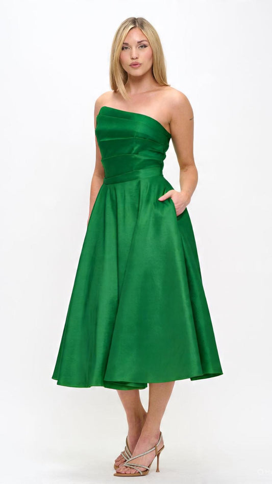 Strapless asymmetrical taffeta tea length dress