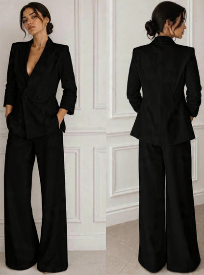 Stretch twill jacket and high waisted pants w pockets suit