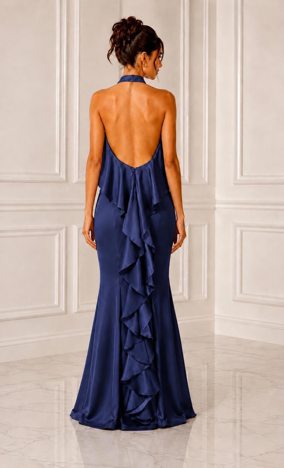 Halter neck open back ruffle detail satin maxi dress