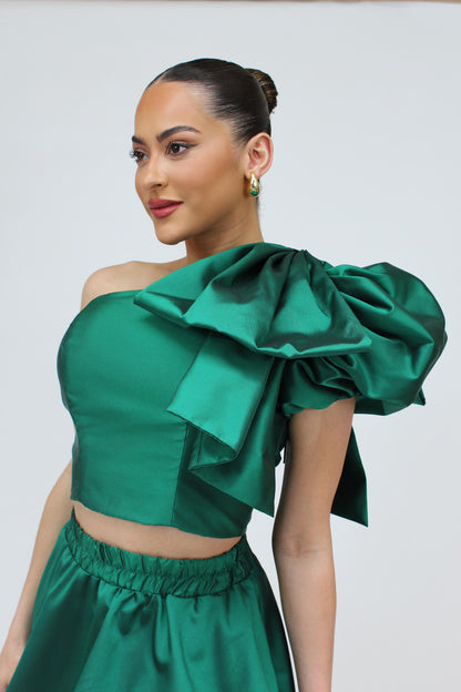 Run the party taffeta bow crop top and bubble hem skirt set