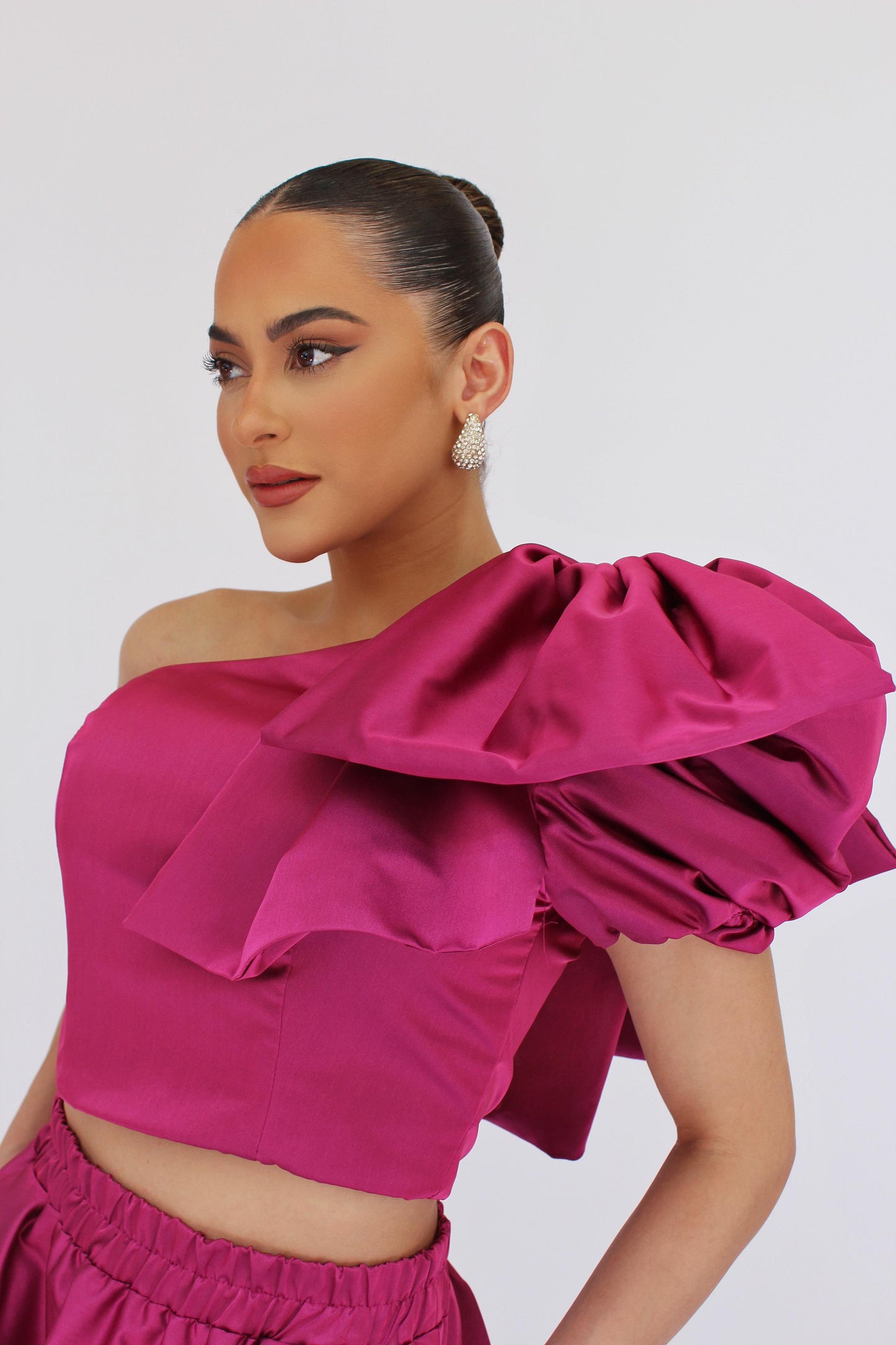 Run the party taffeta bow crop top and bubble hem skirt set