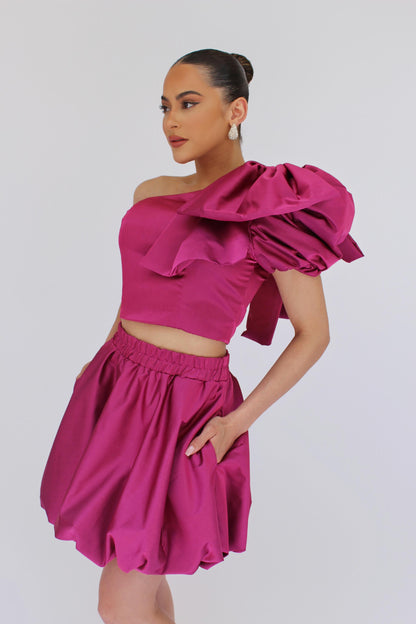 Run the party taffeta bow crop top and bubble hem skirt set