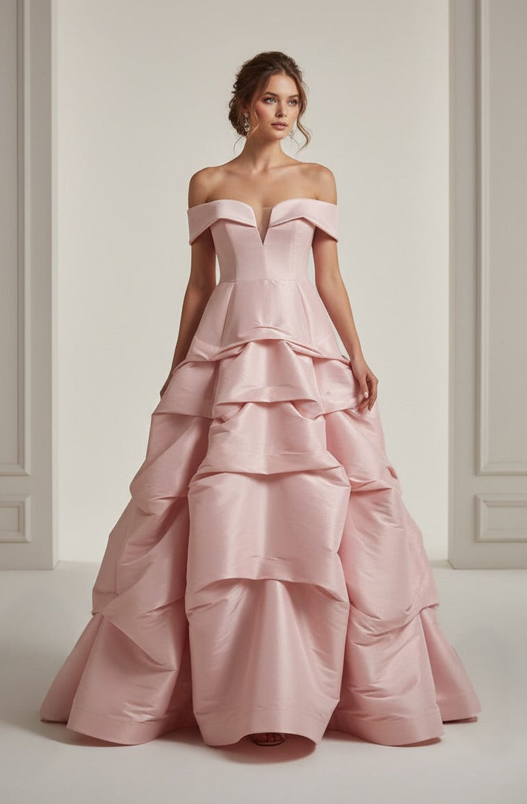Off shoulder taffeta layered cupcake gown