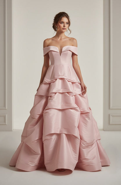 Off shoulder taffeta layered cupcake gown