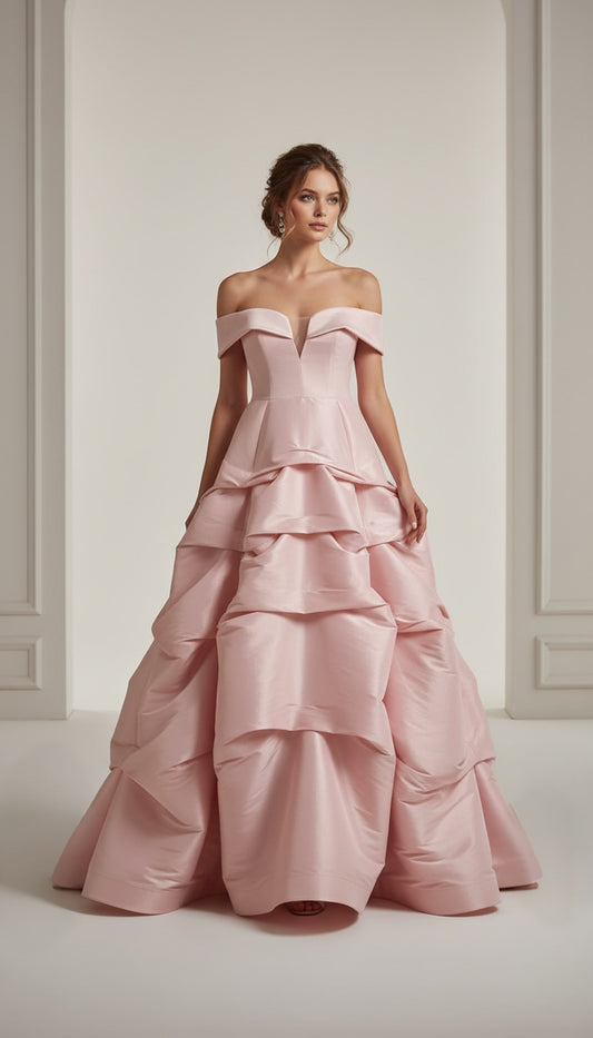 Off shoulder taffeta layered cupcake gown