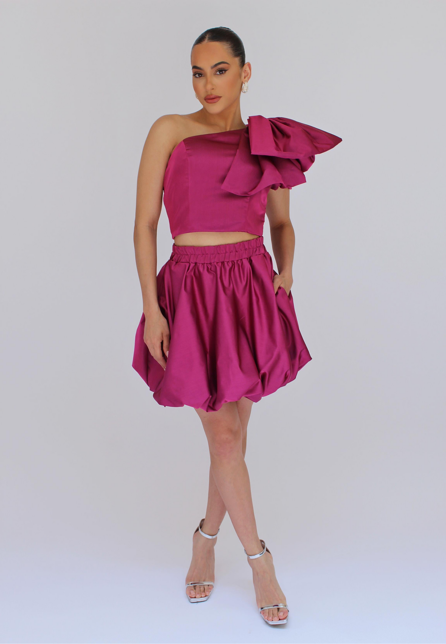 Run the party taffeta bow crop top and bubble hem skirt set