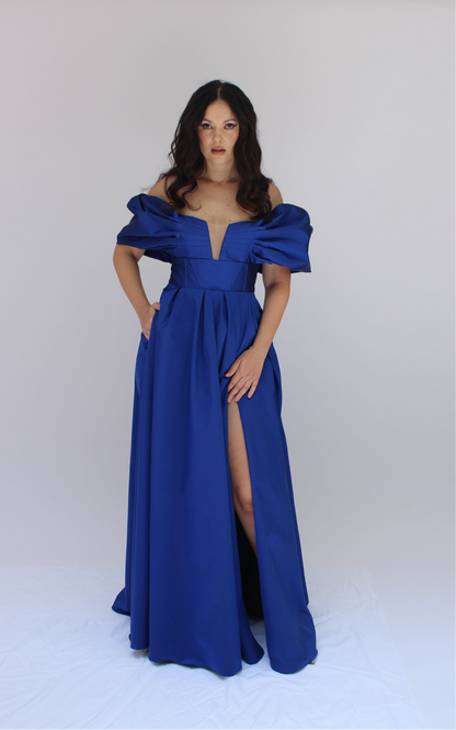 Midnight gala off shoulder satin gown w/ pockets