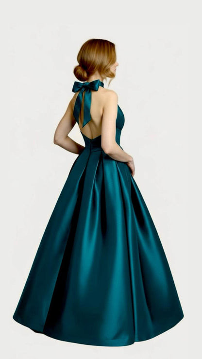 Deep plunging neckline halter taffeta ballgown