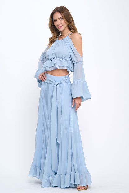 Chiffon ruffle crop top and maxi skirt set