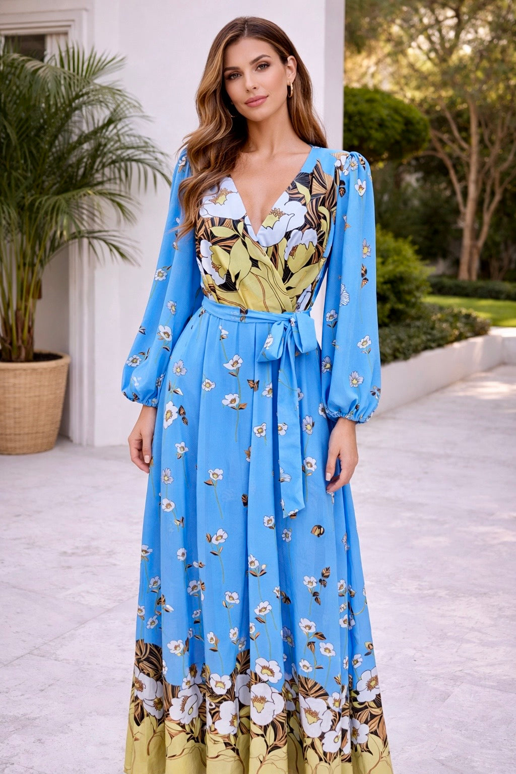 Honey floral long sleeve waist tie flowy chiffon maxi dress Multi Blue/Yellow / L Honey floral long sleeve waist tie flowy chiffon maxi dress Multi Blue/Yellow / L