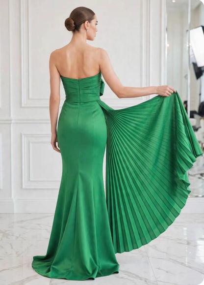 Strapless pleated bow taffeta asymmetrical slit gown