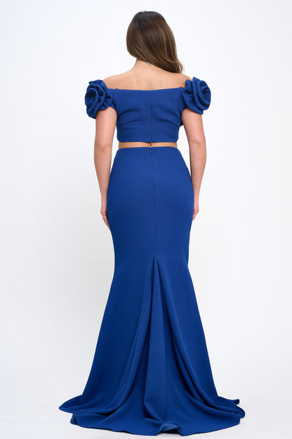 Rose detail off shoulder crop top and maxi skirt set