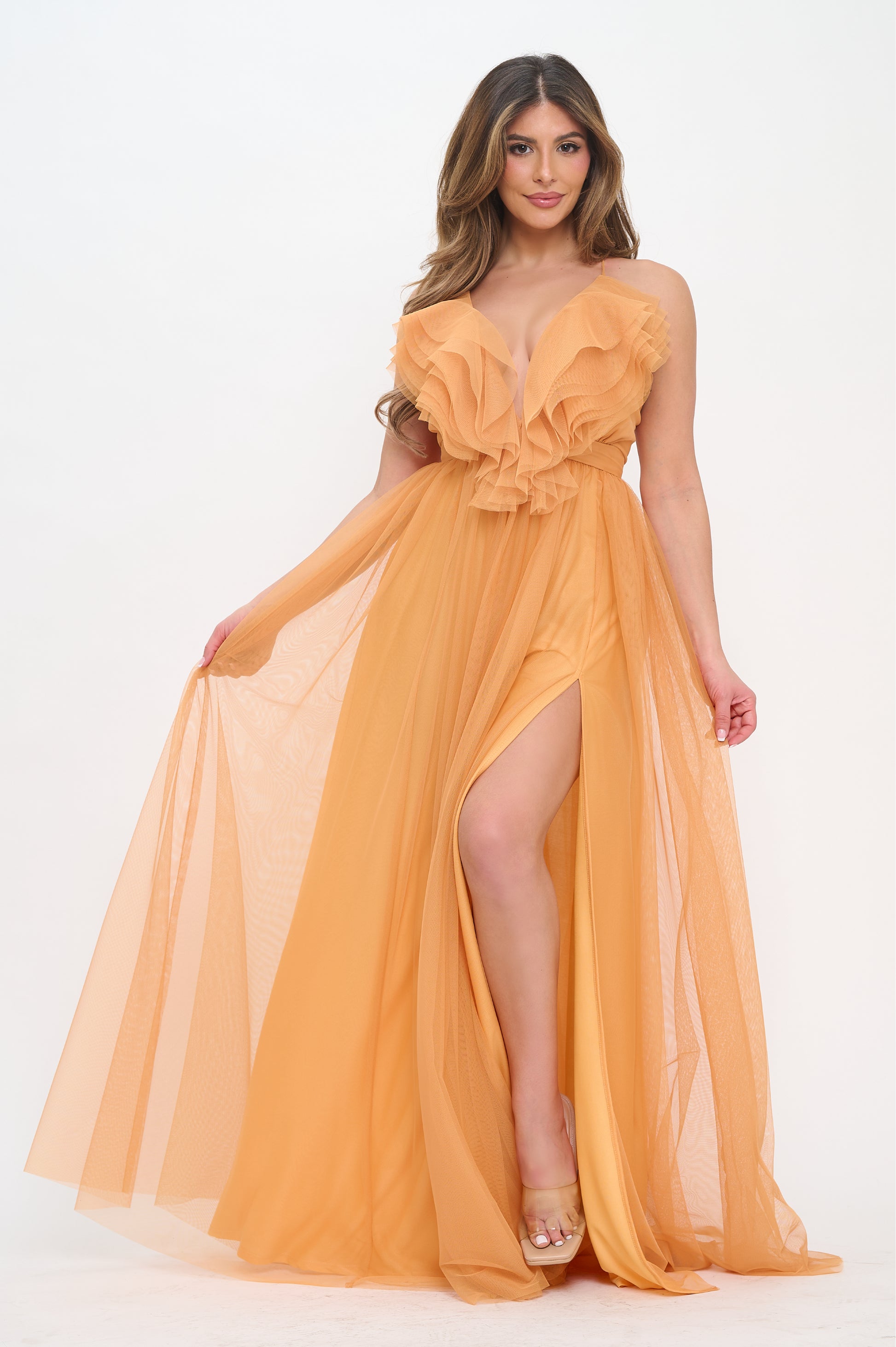 Heart shape soft ruffle tulle slit maxi dress Red / Medium Heart shape soft ruffle tulle slit maxi dress Red / Medium
