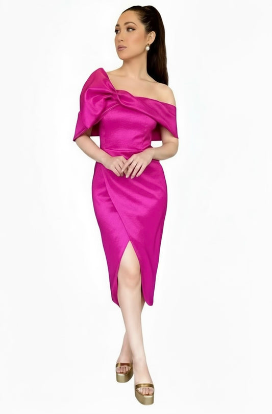 Classy demeanor off the shoulder bow midi taffeta dress