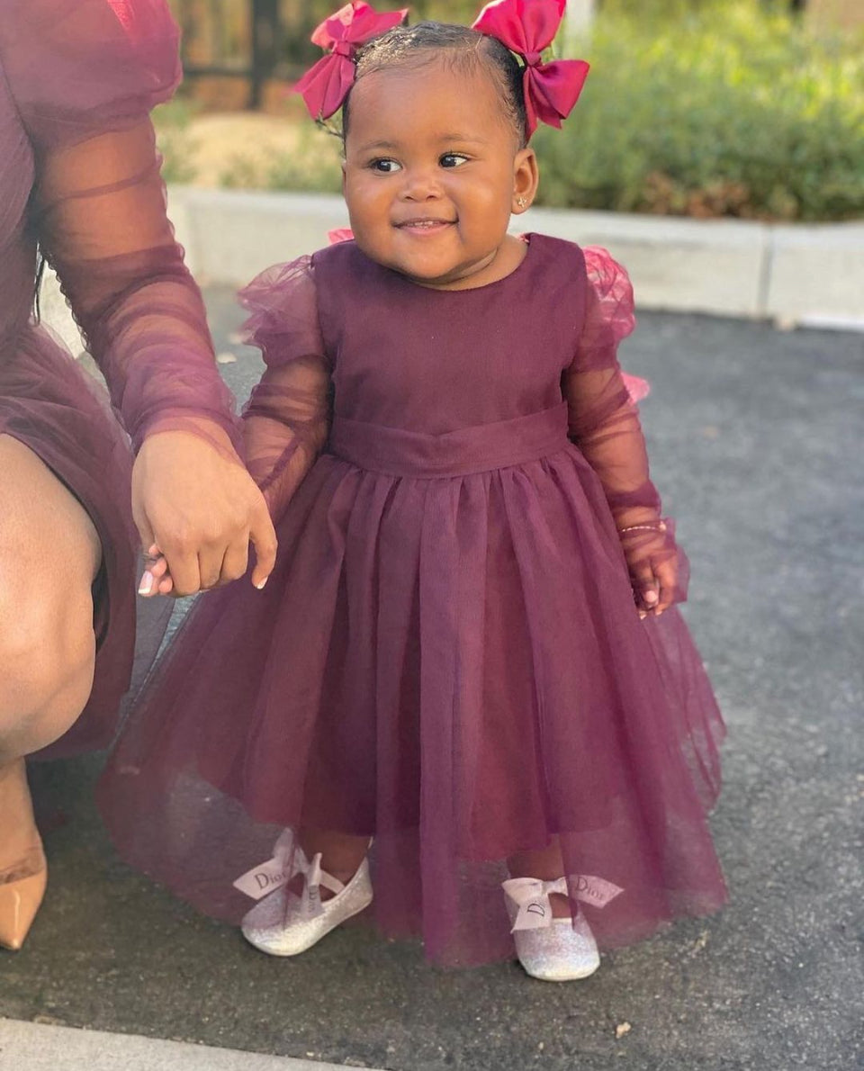 Mommy and Me Collection - Kids tulle long sleeve bow back tie dress Wine Red / T7 Mommy and Me Collection - Kids tulle long sleeve bow back tie dress Wine Red / T7