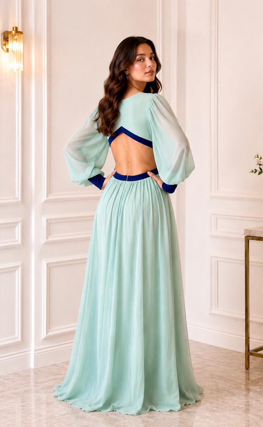 Long sleeve color block open back chiffon maxi dress