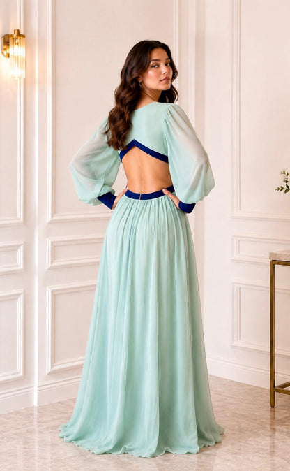Long sleeve color block open back chiffon maxi dress