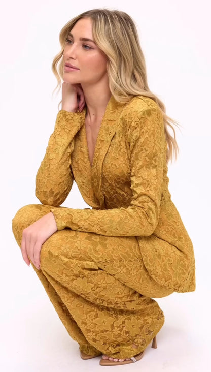 Stretchy floral lace tulip hem jacket and high waisted pants suit set