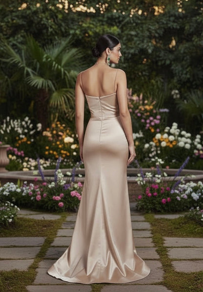Asymmetrical strapless stretch taffeta gathered gown