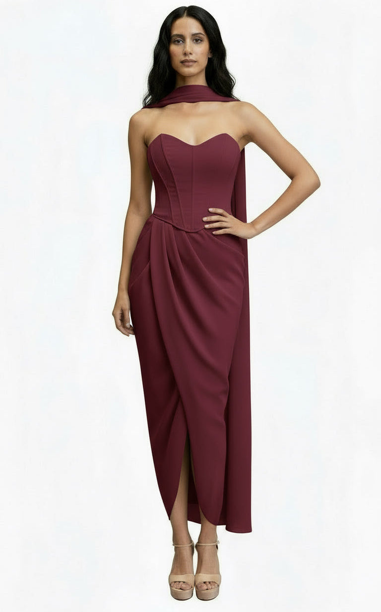 Strapless satin crepe corset gathered tulip hem maxi dress and matching scarf