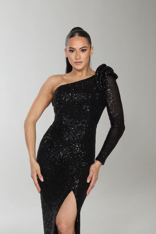 Alluring one shoulder sequin slit gown