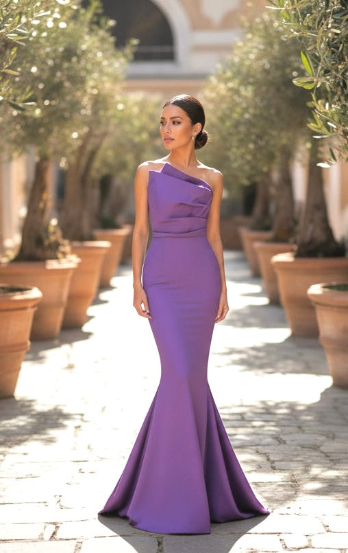 Asymmetrical strapless stretch taffeta gathered gown