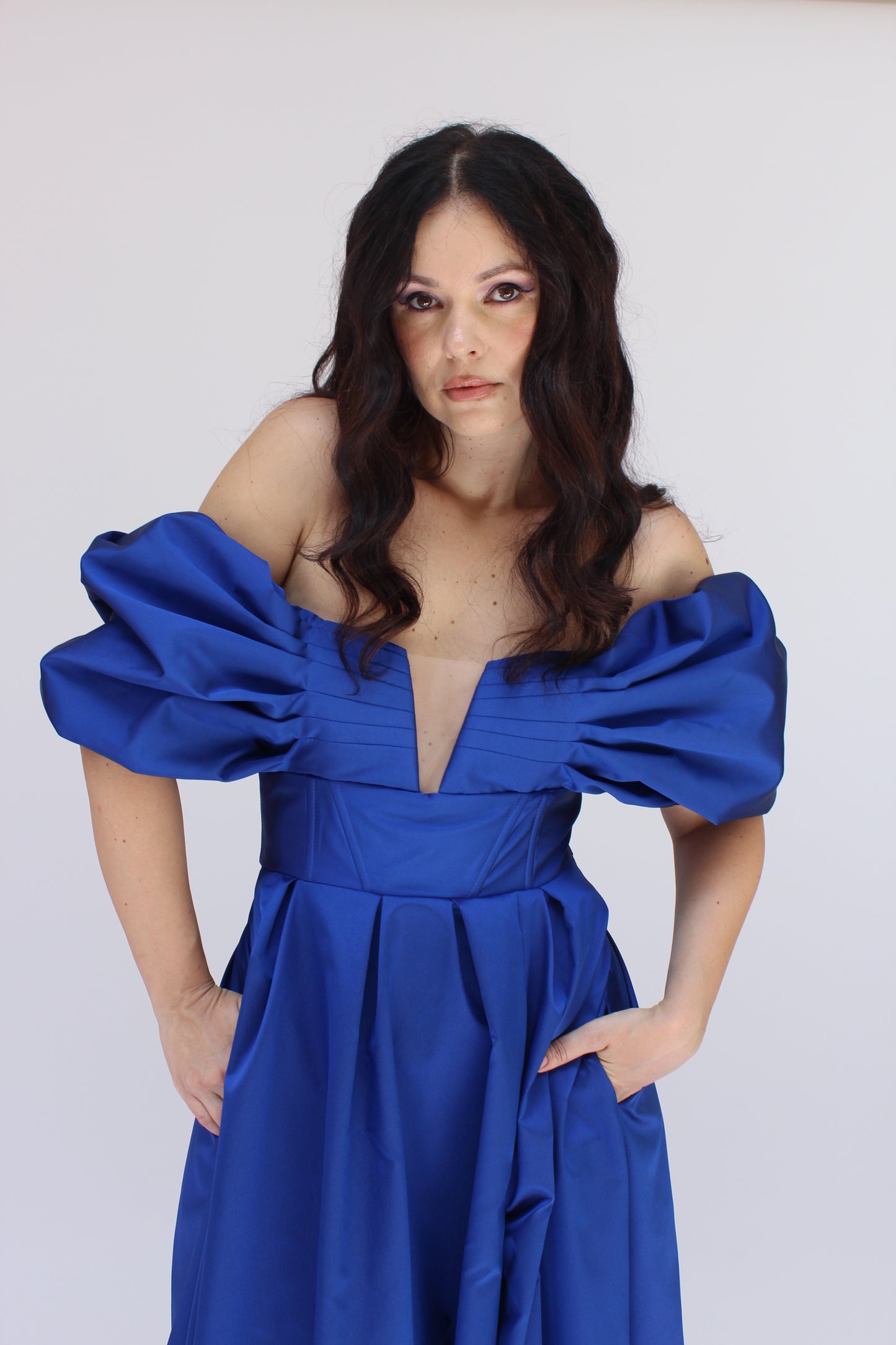 Midnight gala off shoulder satin gown w/ pockets