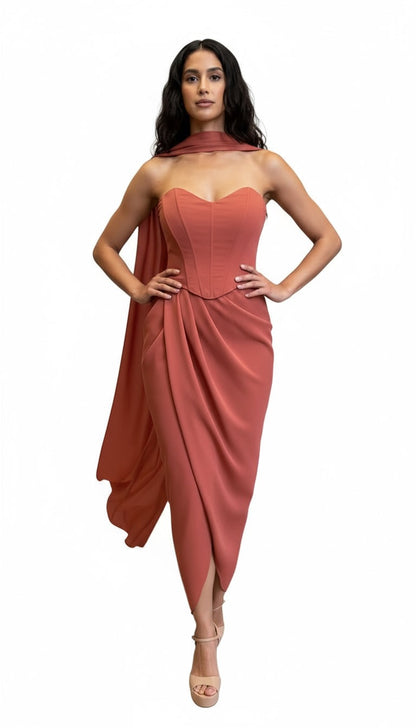 Strapless satin crepe corset gathered tulip hem maxi dress and matching scarf