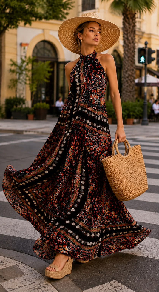 Floral halter open back maxi dress
