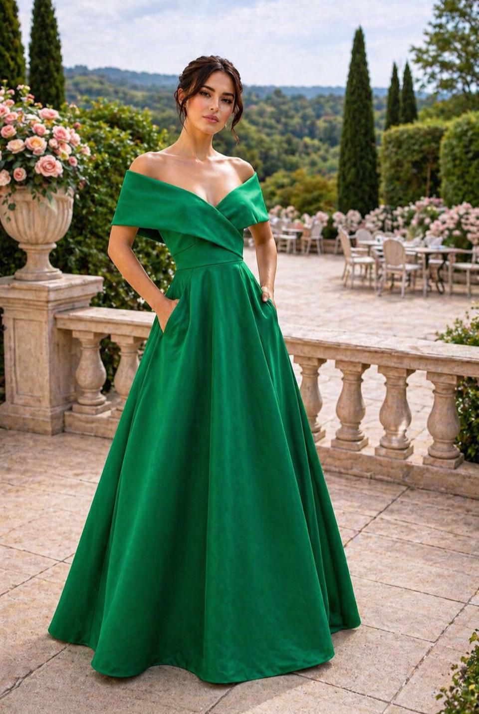 Off the shoulder taffeta ball gown