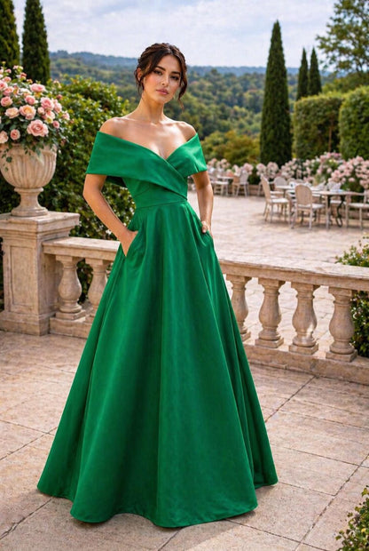 Off the shoulder taffeta ball gown